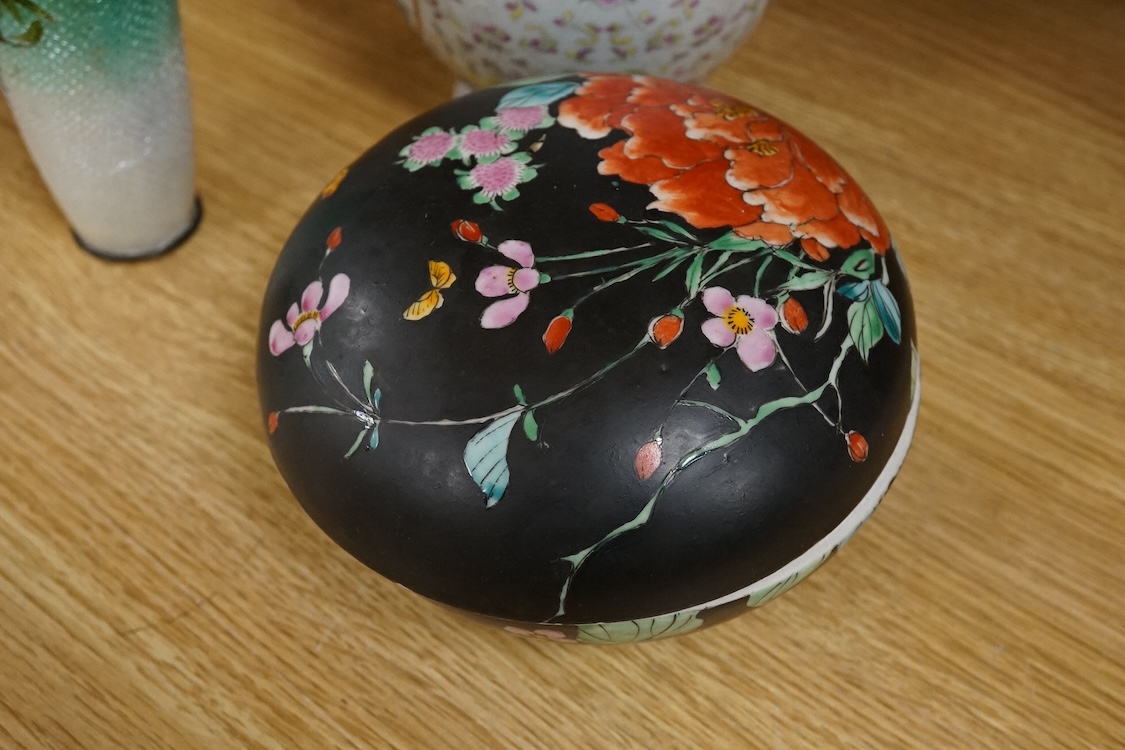 A Chinese famille rose vase, a powder box and an enamelled vase, largest 21cm high